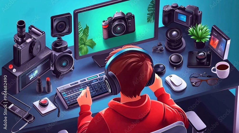 Poster Tech influencer reviewing a camera lens while recording with a professional camera setup. Isometric view shows the influencer's desk with photography gear in the background. Large space for text in