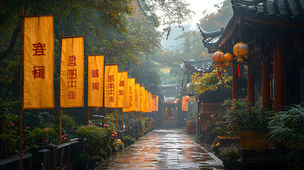 Serene landscape showcasing vibrant yellow banners and lush foliage in a tranquil setting.
