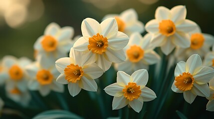 Obraz premium A close-up of a cluster of white daffodils with yellow centers, blooming in a garden.