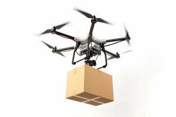 Flying box, courier package, cardboard paper box with flying delivery drone, a flying package. Parcel delivery concept, logistics, shipping, fast delivery, tracking, cargo shipment