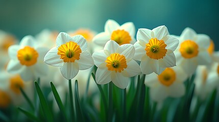 A close-up shot of a cluster of white daffodils with yellow centers, blooming in a field.