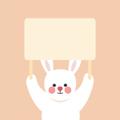 Cute bunny cartoon character holding blank banner board for text. Holiday celebration, Easter concepts. Flat decorative vector design isolated illustration.
