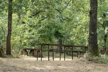 Einfacher Holztisch mit Bank in einem Wald in der Provence