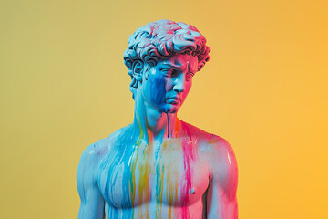 Marble classical sculpture covered with dripping colorful paint. Greek statue in paint stains. Modern art minimalist creative concept. Grunge art, creativity, imagination, party, vandalism