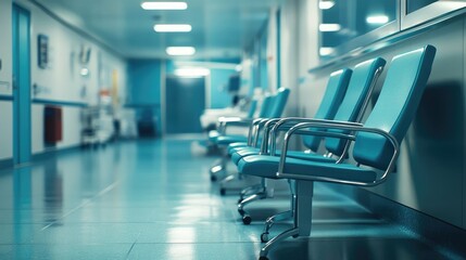Fototapeta premium High-Quality Photograph of Hospital Room with Turquoise Chairs and Medical Equipment, Wide-Angle Perspective
