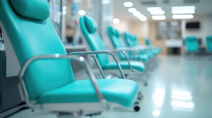 High-Quality Photograph of Hospital Room with Turquoise Chairs and Medical Equipment, Wide-Angle Perspective