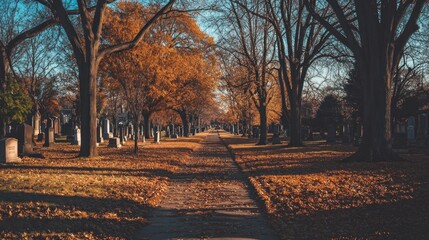 A serene autumn scene in a cemetery with fallen leaves and lined trees.