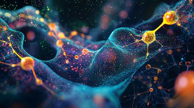 Visual representation of a cell's cytoskeleton, highlighting microtubules and actin filaments. Bright colors on a dark background.