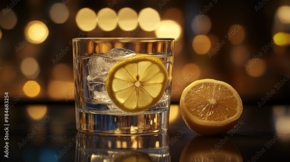 Poster A glass of ice water with lemon slices, creating a refreshing drink aesthetic.