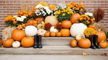 This beautiful fall porch features vibrant pumpkins and blooming mums, complemented by cute black rain boots, creating a warm and inviting autumn atmosphere