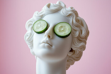 Statue of a Greek goddess with cucumber slices on eyes. Sculpture on spa treatments after bath. Beauty procedures, self-care, art, wellness, cosmetics and beauty salon, relaxation concept