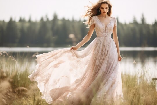 A bohemian-style wedding dress with delicate lace embellishments, featuring a flowing skirt in soft white and blush pink tones