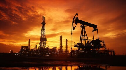 Obraz premium Oil and gas industry overview, showcasing drilling rigs, pipelines, and refinery operations