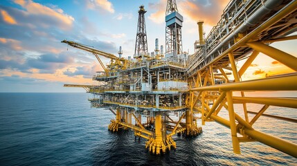 Oil and gas industry overview, showcasing drilling rigs, pipelines, and refinery operations