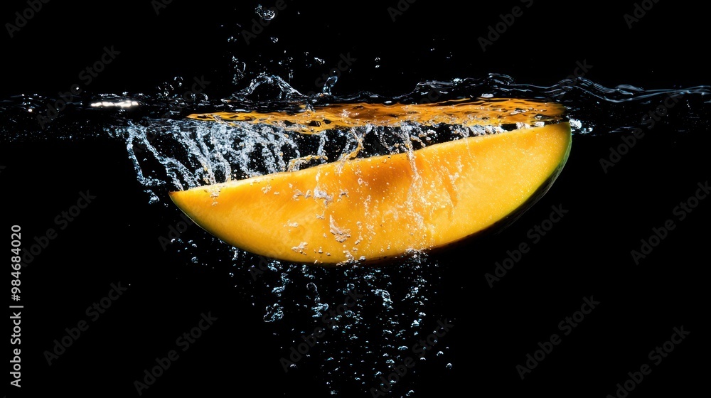 Poster a slice of melon splashes into water, creating dynamic movement and contrast against a dark backgrou
