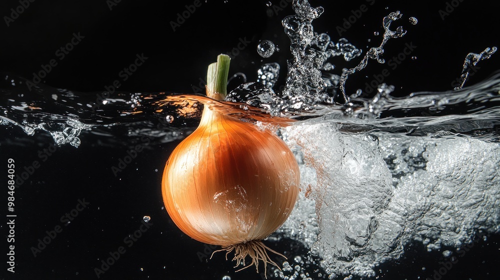 Poster An onion splashes into water, creating dynamic bubbles and ripples.