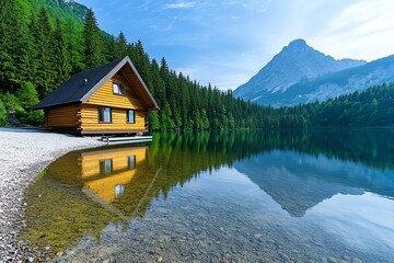 Fototapeta premium A secluded mountain cabin by a lake, surrounded by pine trees and reflected in the calm water