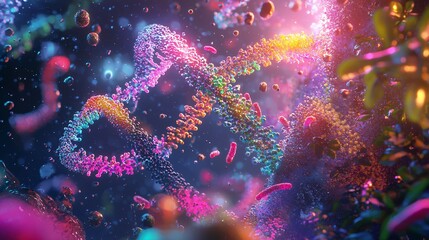 Fototapeta premium Vibrant DNA Double Helix with Colorful Particles and Background