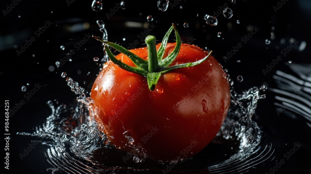 Poster a vibrant tomato splashes into water, creating dynamic droplets and a striking visual effect.