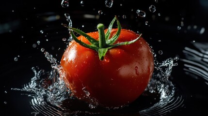 A vibrant tomato splashes into water, creating dynamic droplets and a striking visual effect.