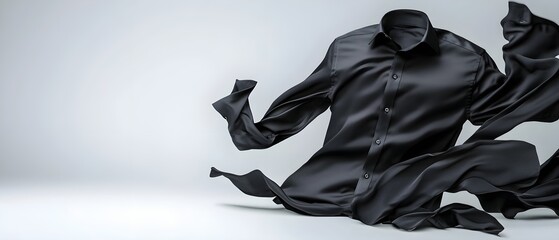 A black shirt appears to float and swirl, creating a dynamic and artistic visual effect against a minimalistic background.