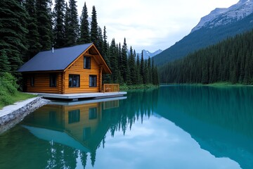 Fototapeta premium A secluded mountain cabin by a lake, surrounded by pine trees and reflected in the calm water