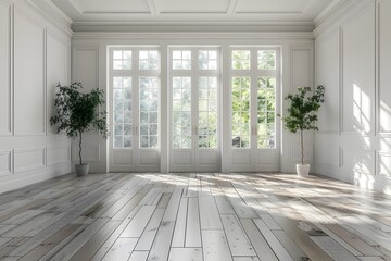Fototapeta premium Bright and Airy Interior Space with Large Windows and Potted Plants