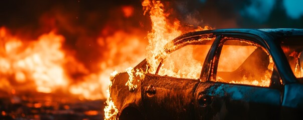 A burning car engulfed in flames, highlighting destruction and chaos in a dramatic, fiery scene.