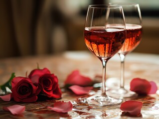 Romantic wine glasses with red roses
