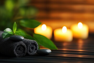 Tranquil spa setting with rolled towels, smooth stones, and glowing candles, perfect for relaxation and wellness themes.