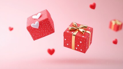 Fototapeta premium Two red gift boxes with white hearts and gold ribbons float against a pink background with hearts.
