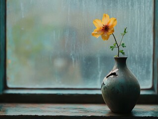 Faded flowers in rustic vase by window  © Rumpa