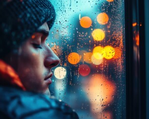 Pensive person leaning on rainy window at night
