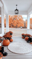 This beautiful fall porch features vibrant pumpkins and blooming mums, complemented by cute black rain boots, creating a warm and inviting autumn atmosphere