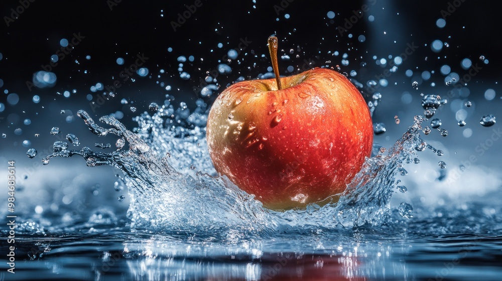 Poster a vibrant red apple splashes into water, creating dynamic droplets and ripples.