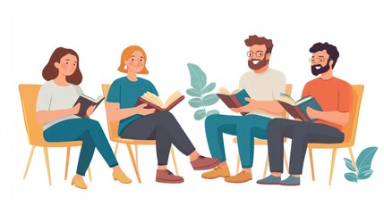 Reading club, showing a group of people discussing and sharing their favorite books