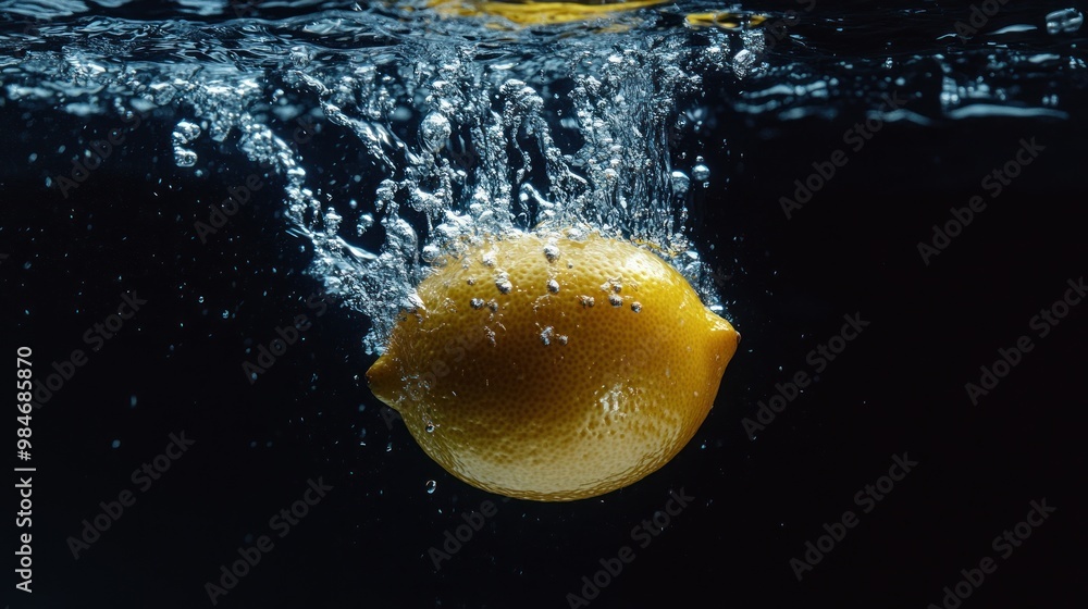 Poster a lemon splashes into water, creating bubbles and ripples in a dark setting.