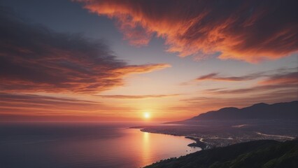 Fototapeta premium A breathtaking sunset over a tranquil coastline with vibrant clouds reflecting on the water.