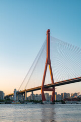 Shanghai Cable-stayed bridge Yangpu Bridge at dusk.