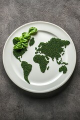 Green vegetables arranged as a world map on a dinner plate, symbolizing healthy planet, eco-friendly food choices, and sustainability