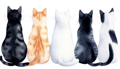Group of cats, different fur patterns, sitting and standing, watercolor style