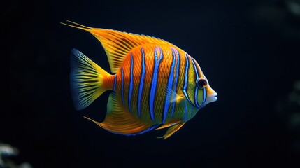 Naklejka premium A vibrant orange and blue fish swimming gracefully in a dark underwater environment.