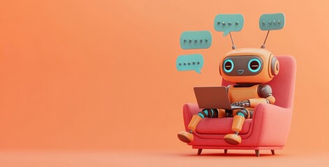3D Robot Sitting on Armchair with Laptop and Chat Bubbles, Minimalistic Design for Technology Concept