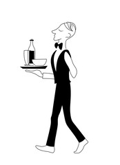 Waiter carries tray with food and drinks. Vector black and white image.