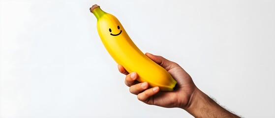 A cheerful banana with a smiley face is held in a hand, symbolizing fun and positivity.