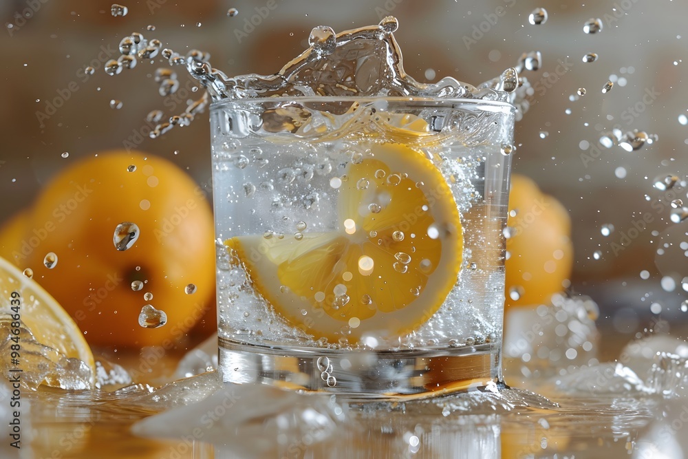 Poster refreshing splash: lemon slice in sparkling water