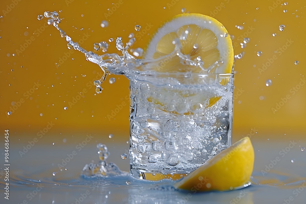 Poster refreshing splash: lemon slice in sparkling water