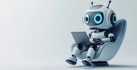 3D Robot Sitting on Armchair with Laptop and Chat Bubbles, Minimalistic Design for Technology Concept