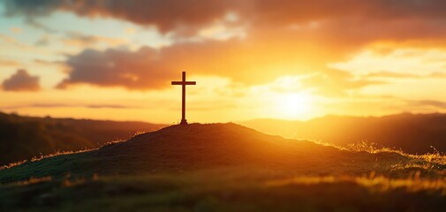 A serene sunrise scene featuring a cross silhouetted against vibrant clouds and warm sunlight streaming over rolling hills.