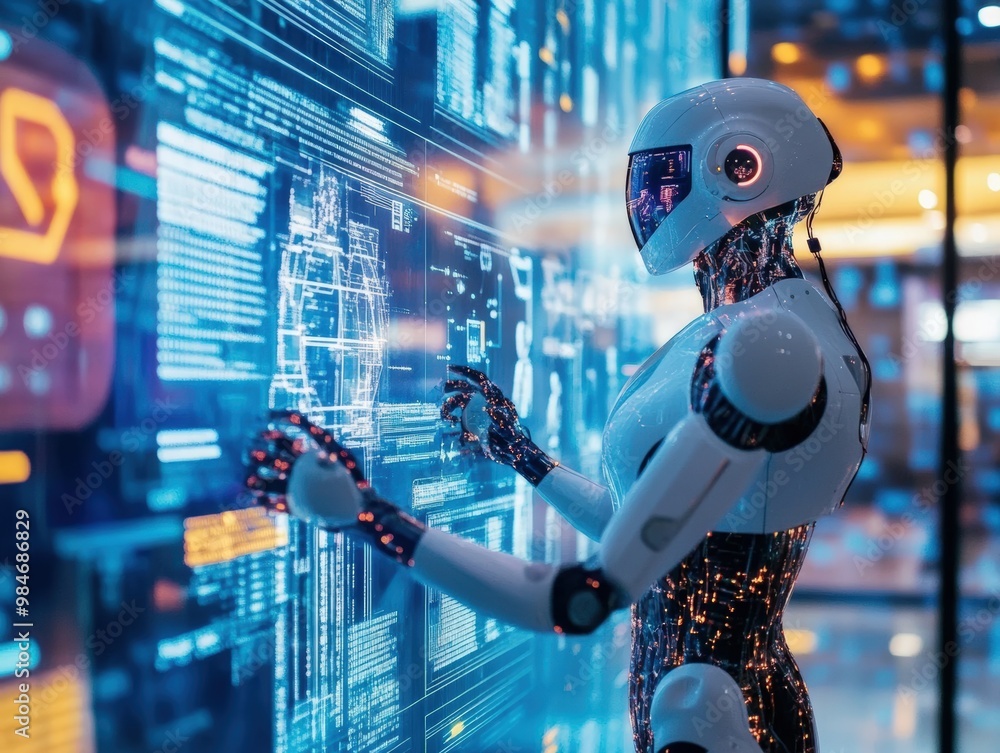 Poster humanoid robot interacts with digital display in modern technology hub